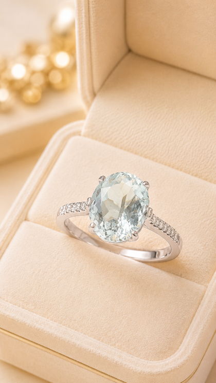 Anillo en oro blanco 18K con Agua Marina y Diamante