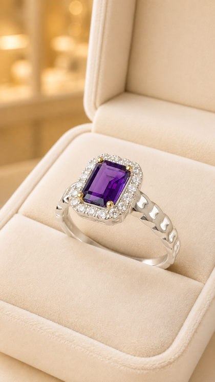 Anillo en oro blanco 18K con Amatista y Circon