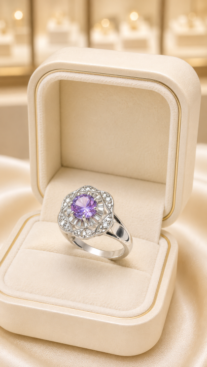 Anillo en oro blanco 18K con Alejandrita y Diamantes