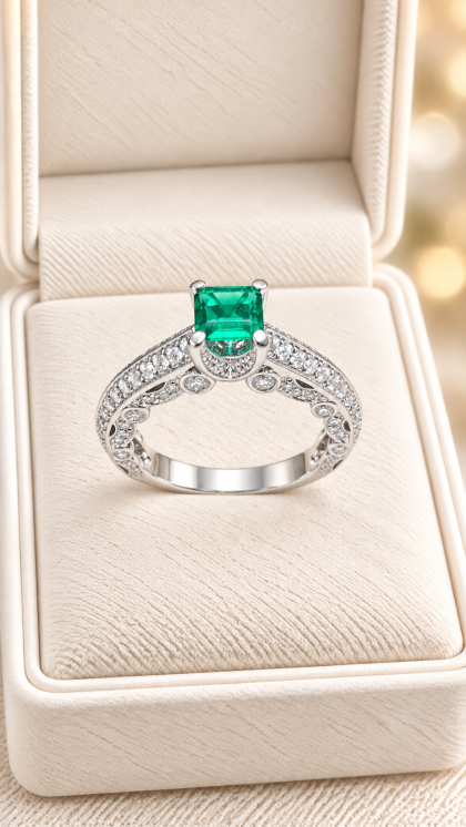 Anillo en oro blanco 18K con Esmeralda y Diamantes
