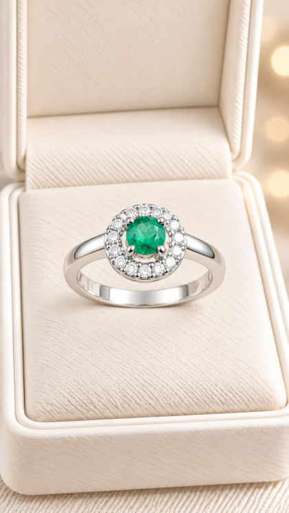 Anillo en oro blanco 18K con Esmeralda y Diamante