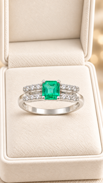 Anillo en oro blanco 18K con Esmeralda y Diamante