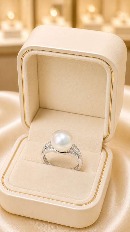 Anillo en oro blanco 18K con Perla y Diamantes