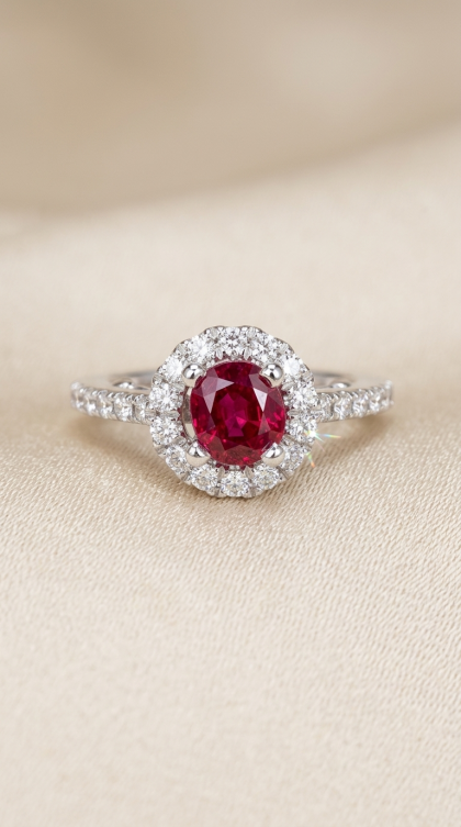 Anillo en oro blanco 18K con Rubí y Diamantes
