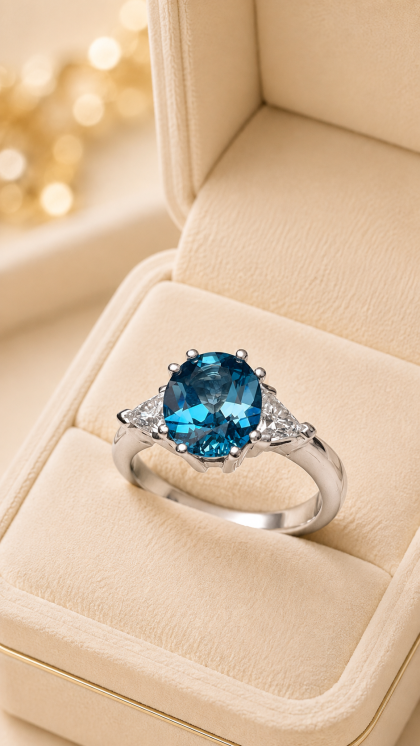 Anillo en oro blanco 18K con Topacio y Diamantes