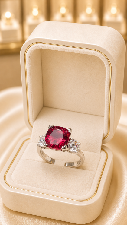 Anillo en oro blanco 18K con Turmalina Roja y Diamantes
