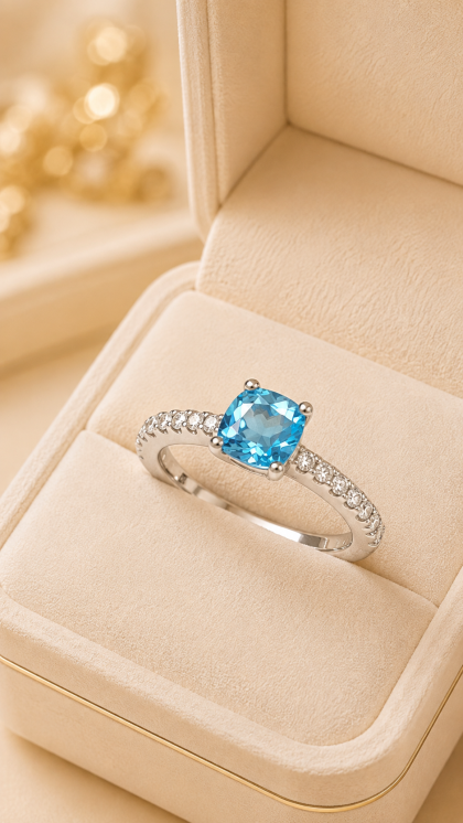 Anillo en oro blanco 18K con Topacio y Diamantes