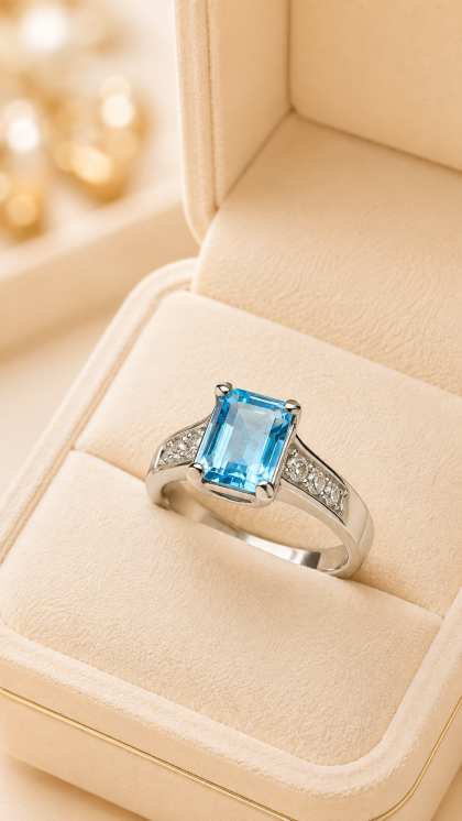 Anillo en oro blanco 18K con Topacio y Diamantes