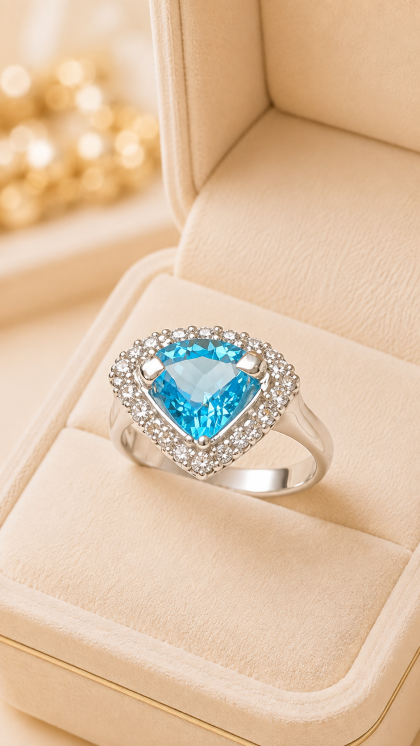 Anillo en oro blanco 18K con Topacio y Diamantes