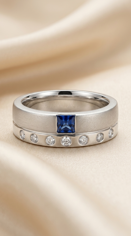 Anillo en oro blanco 18K con Zafiro y Diamantes