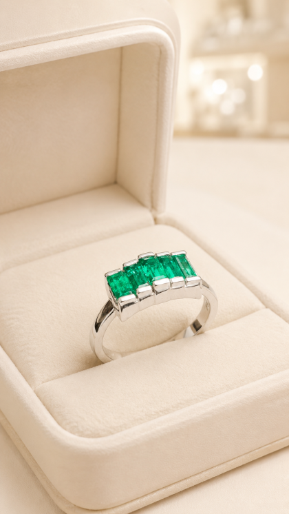 Anillo en oro blanco 18K con Esmeralda