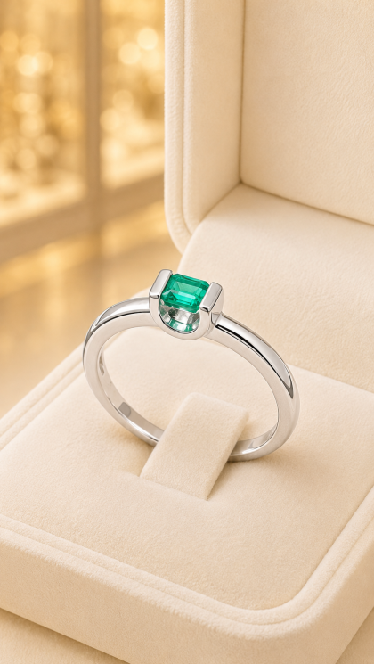 Anillo en oro blanco 18K con Esmeralda