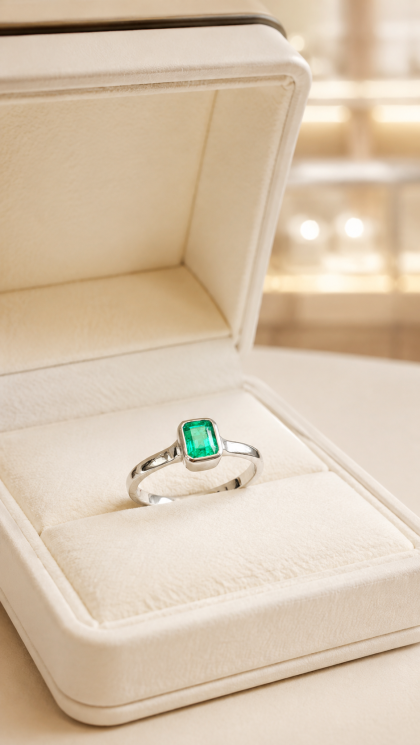 Anillo en oro blanco 18K con Esmeralda