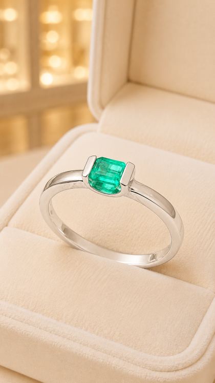 Anillo en oro blanco 18K con Esmeralda