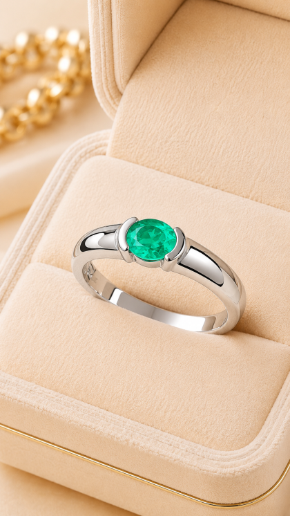 Anillo en oro blanco 18K con Esmeralda