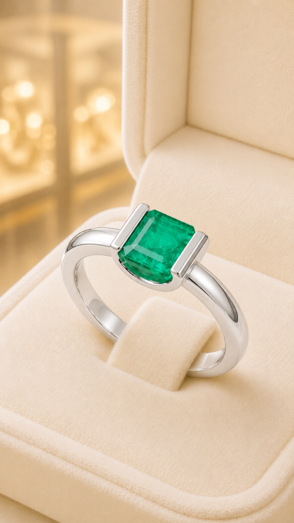 Anillo en oro blanco 18K con Esmeralda