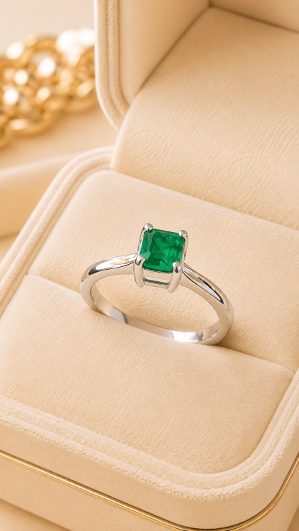 Anillo en oro blanco 18K con Esmeralda