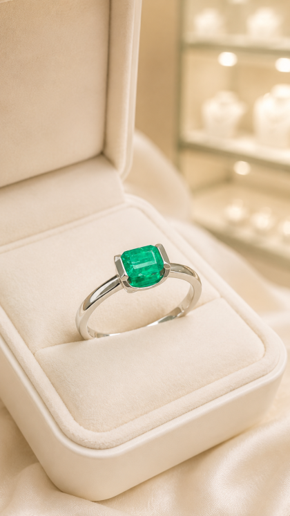 Anillo en oro blanco 18K con Esmeralda