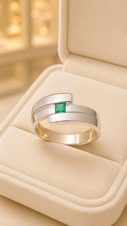 Anillo en oro blanco 18K con Esmeralda