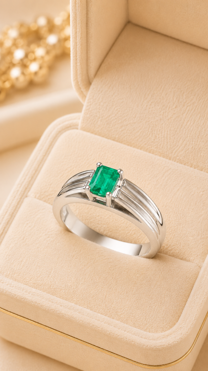 Anillo en oro blanco 18K con Esmeralda