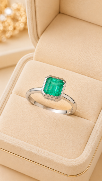 Anillo en oro blanco 18K con Esmeralda