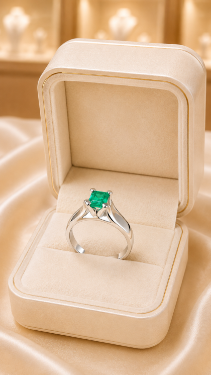 Anillo en oro blanco 18K con Esmeralda