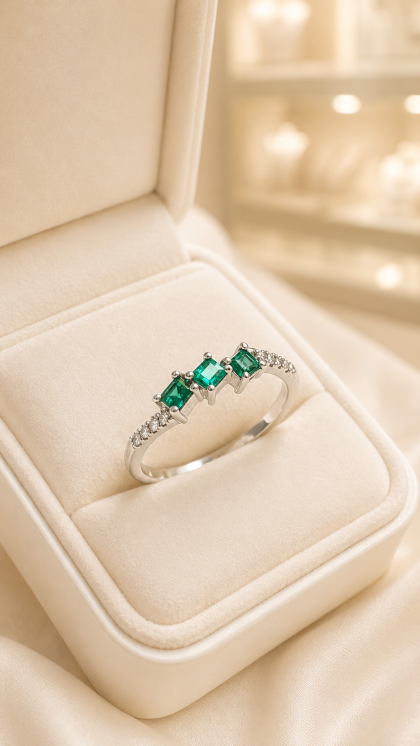 Anillo en oro blanco 18K con Esmeraldas y Diamantes