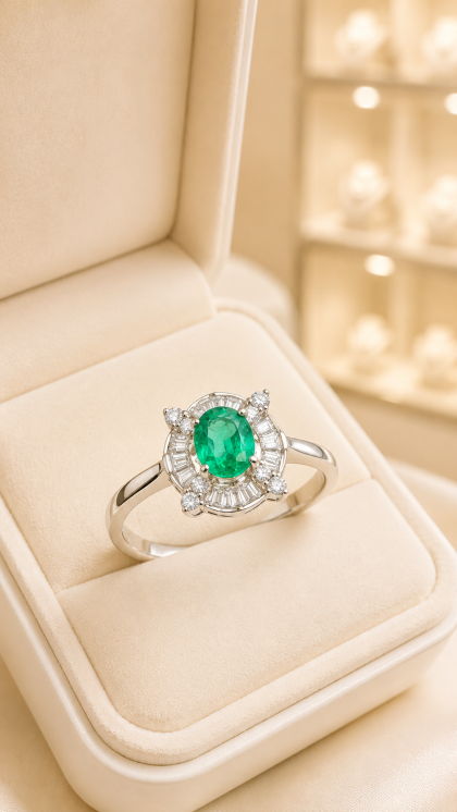 Anillo en oro blanco 18K con Esmeralda y Diamantes