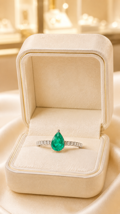 Anillo en oro blanco 18K con Esmeralda y Diamante