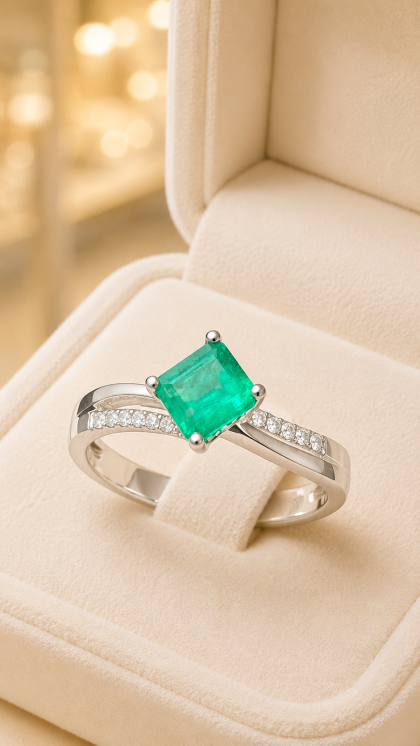Anillo en oro blanco 18K con Esmeralda y Diamante