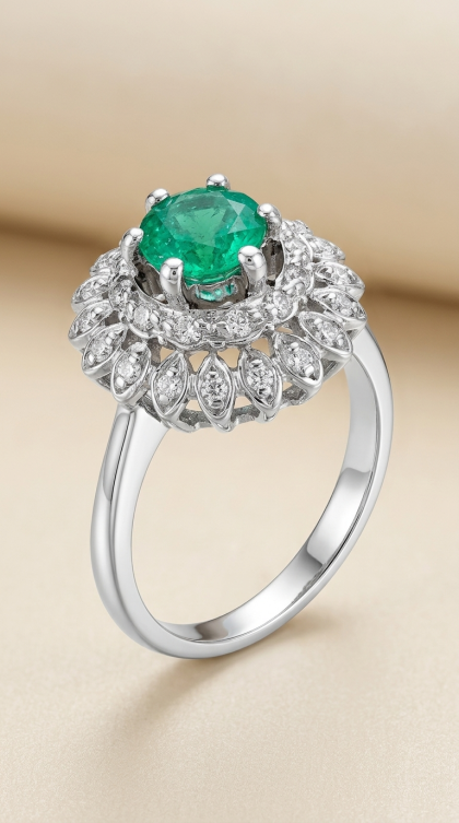 Anillo en oro blanco 18K con Esmeralda y Diamantes