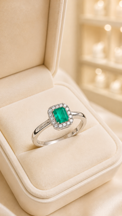 Anillo en oro blanco 18K con Esmeralda y Diamantes