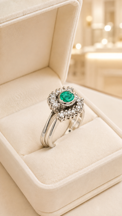 Anillo en oro blanco 18K con Esmeralda y Diamantes