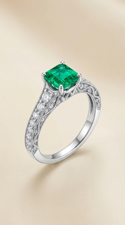 Anillo en oro blanco 18K con Esmeralda y Diamantes