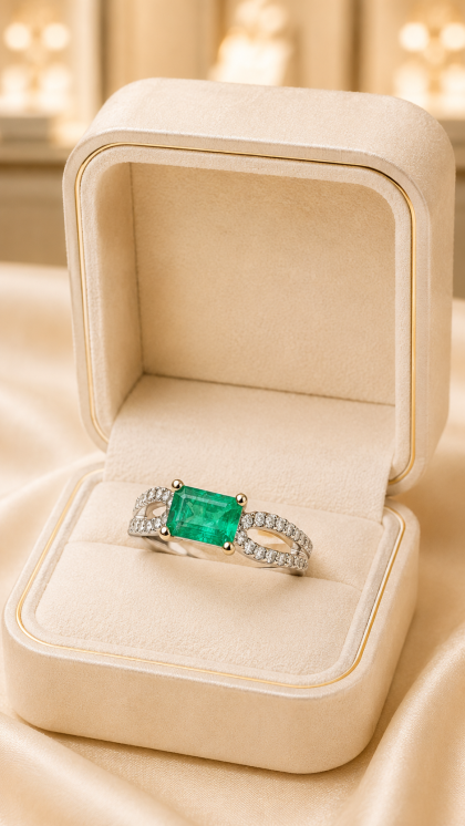 Anillo en oro blanco 18K con Esmeralda y Diamantes