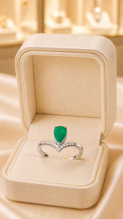 Anillo en oro blanco 18K con Esmeralda y Diamante