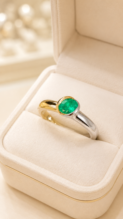 Anillo en oro amarillo y blanco 18K con Esmeralda