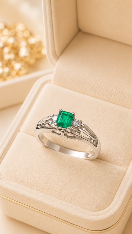 Anillo en platino con Esmeralda y Diamantes