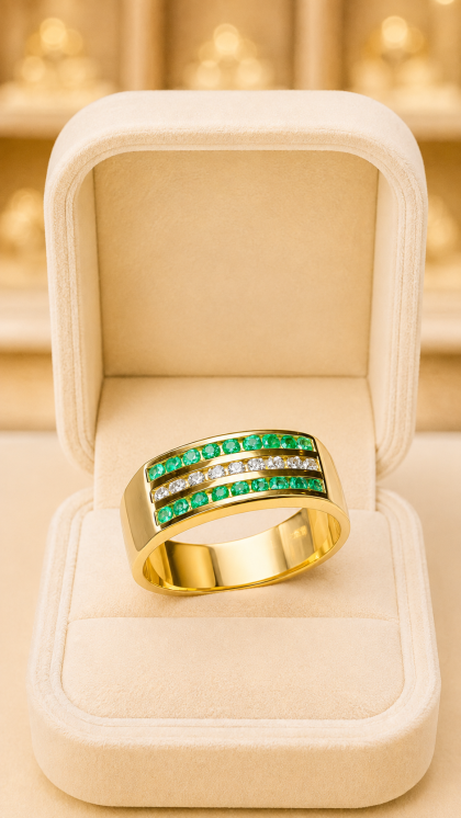 Argolla en oro amarillo 18K con Esmeraldas y Diamantes