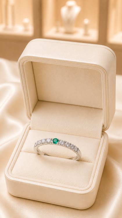 Argolla en oro blanco 18K con Esmeralda y Diamantes