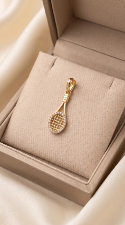 Dije Raqueta de Tenis en Oro Amarillo 18K con Circones