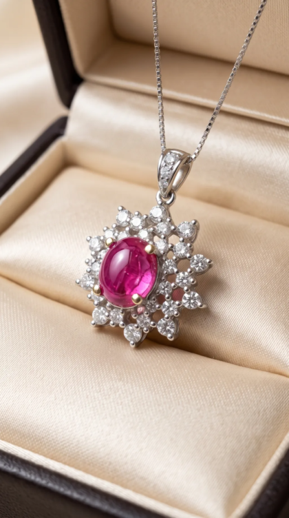 Dije Rosetón en Oro Blanco 18K con Rubí Central y Diamantes