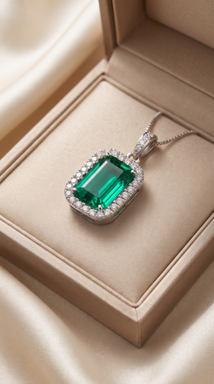 Dije en oro blanco 18K con Esmeralda Rectangular y Halo de Diamantes