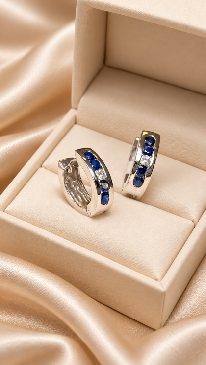Candongas En Oro Blanco de 18K con Zafiros y Diamantes