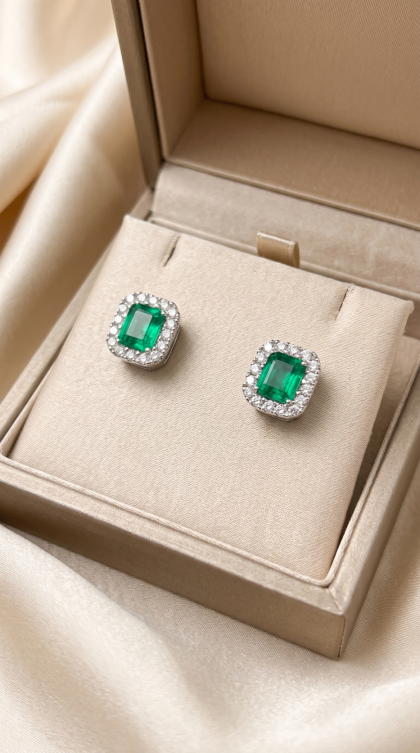 Topos en oro blanco 18K con Esmeralda y Halo de Diamantes