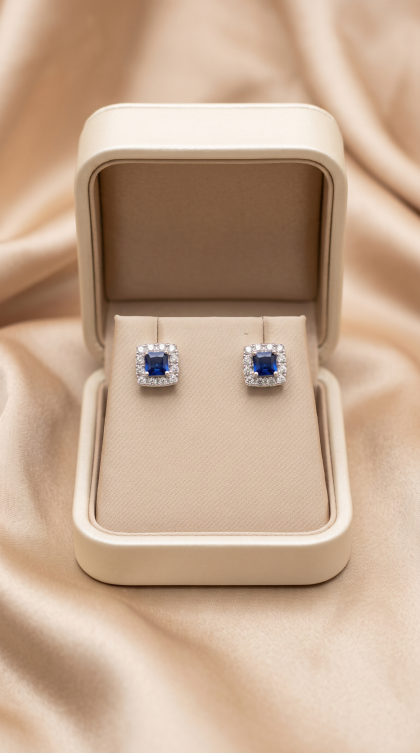 Topos en oro blanco 18K con Zafiros y Halo de Diamantes