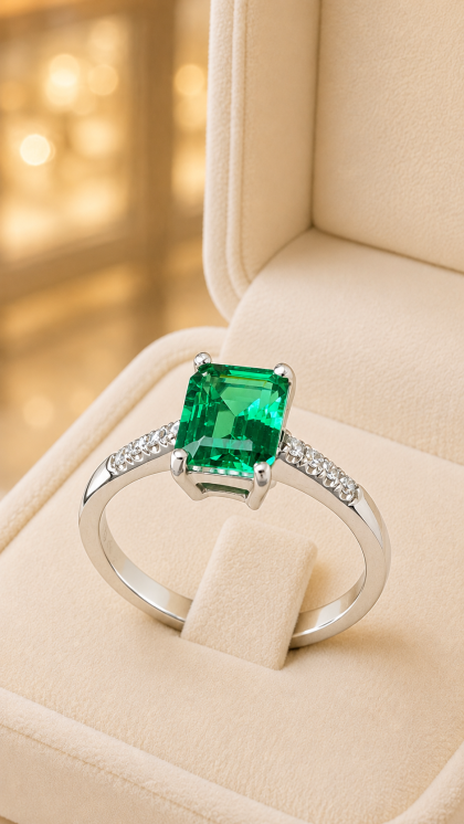 Anillo en oro blanco 18K con Esmeralda y Diamantes