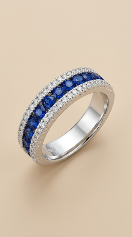 Anillo en oro blanco 18K con Zafiros y Diamantes
