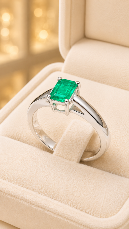 Anillo en oro blanco 18K con Esmeralda