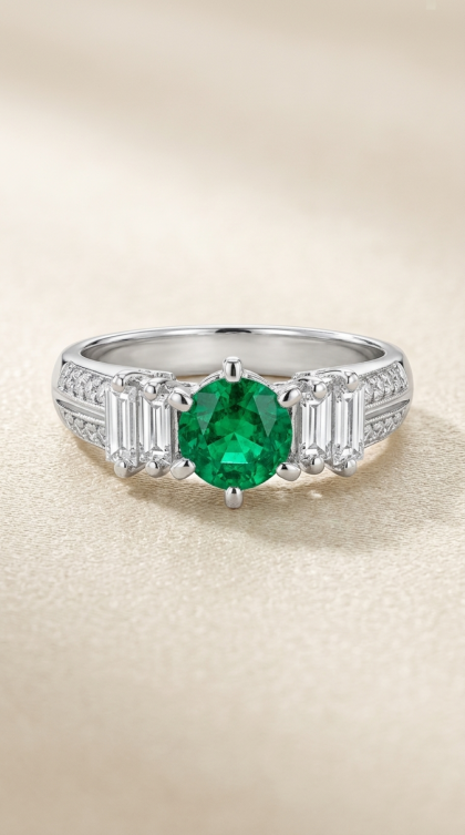 Anillo en oro blanco 18K con Esmeralda y Diamantes